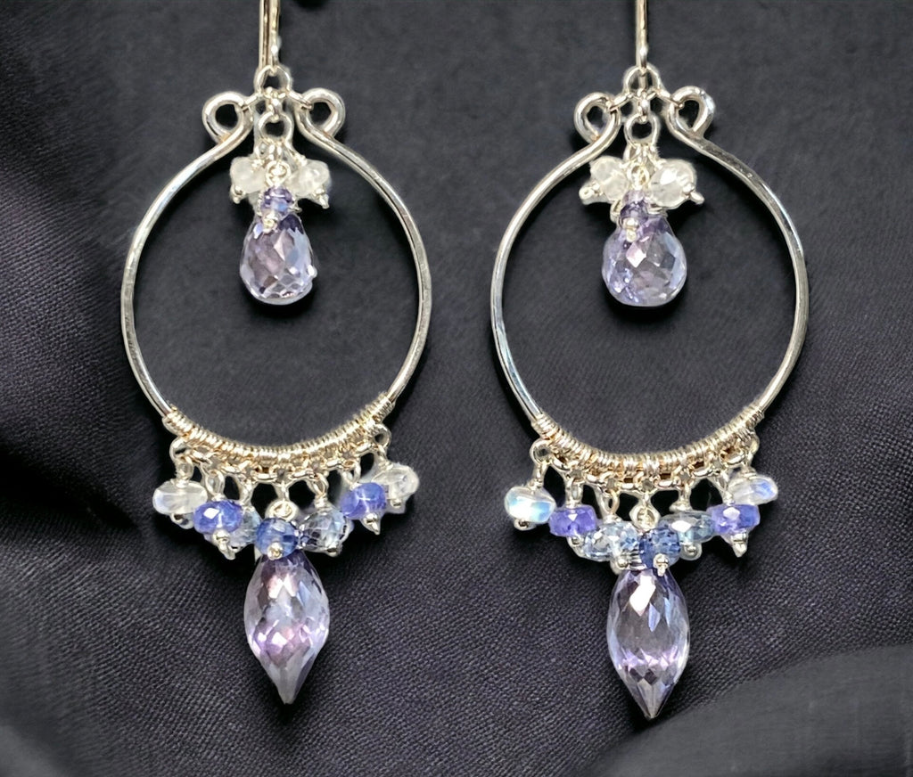 Chandelier Hoop earrings in sterling silver with blue violet gemstones, handmade