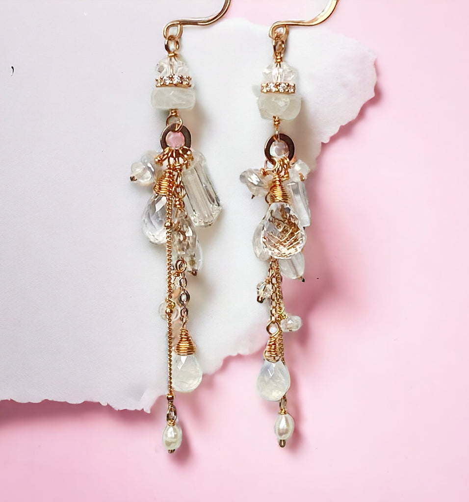 Rose Gold Boho Dangle Earrings with Crystal Quartz & Moonstone