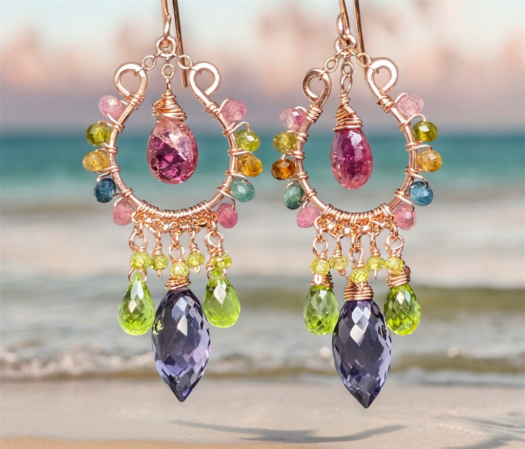 Rose Gold Chandelier Earrings: Pink Tourmaline, Peridot, Amethyst