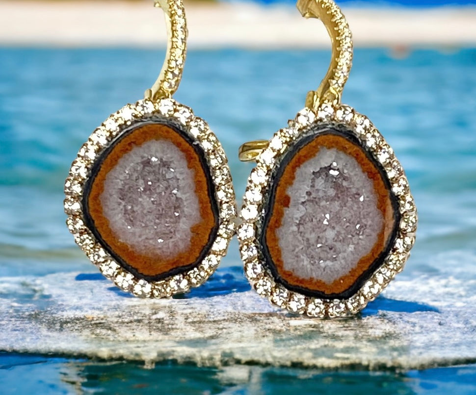 Grey Russet Tabasco Geode Druzy Earrings Diamond Style Dangle Earrings