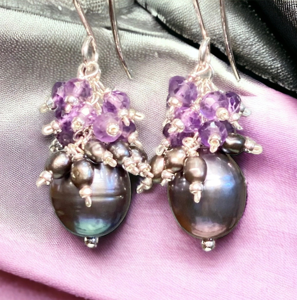Peacock Pearl Earrings with Amethyst Gemstone Clusters in Sterling Silver