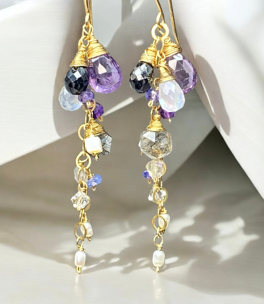 Amethyst Black Spinel Dangle Wire Wrap Moonstone Earrings 2