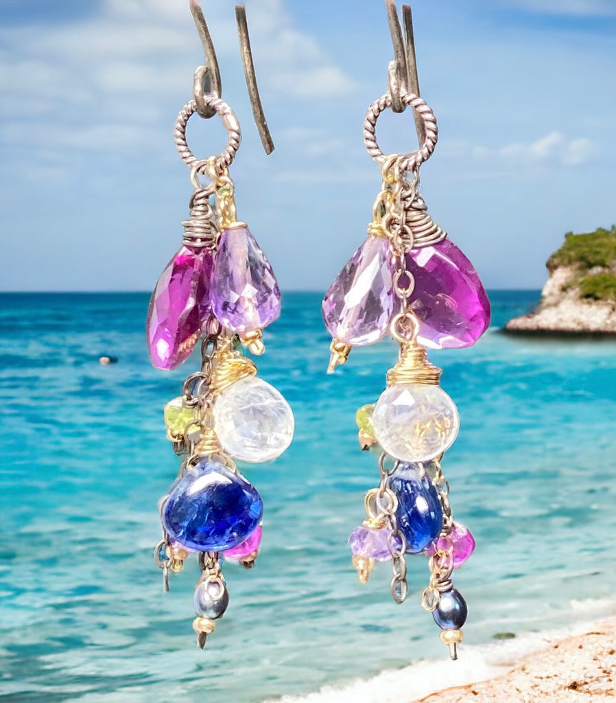 Blue Violet Gemstone Dangle Earrings, Mixed Metals