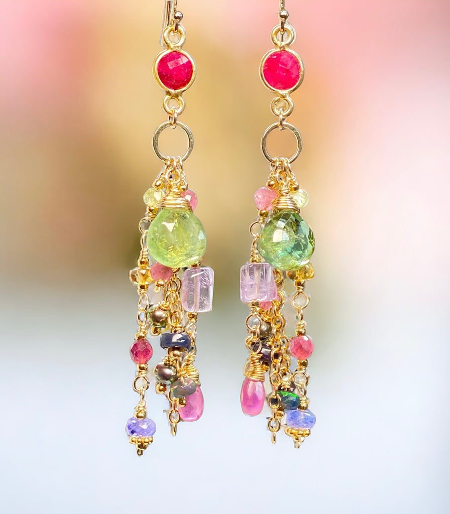 Green Tourmaline Colorful Gemstone Dangle Earrings in  Gold Fill