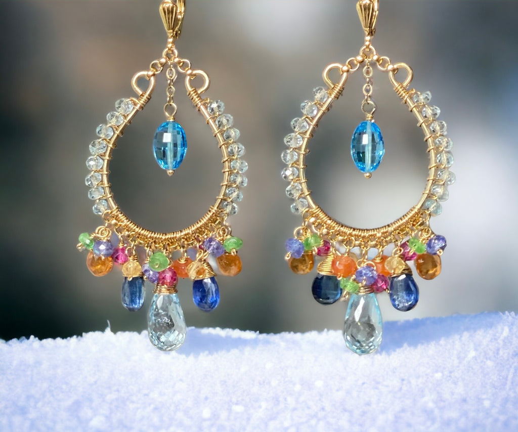 Swiss blue topaz and blue topaz handmade gemstone chandelier earrings with mandarin garnet, kyanite and more in 14 kt gold fill