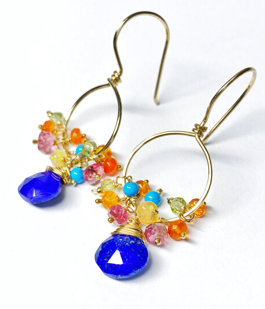 Mexican Fire Opal, Peridot, Opal and Blue Lapis Earrings Gold Fill