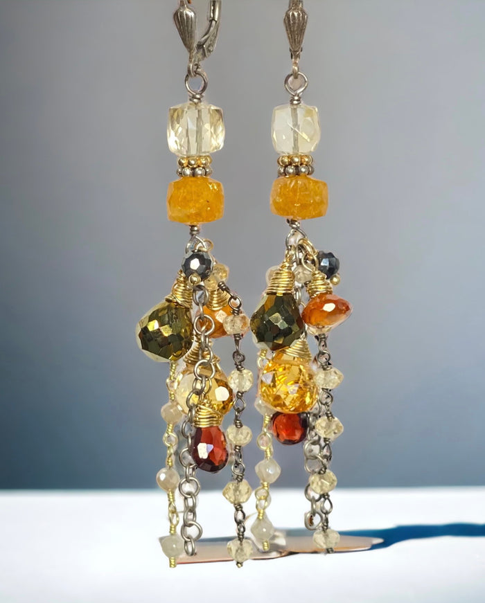 Citrine Garnet Mixed Metal Long Boho Dangle Earrings Oxidized Silver Gold Fill