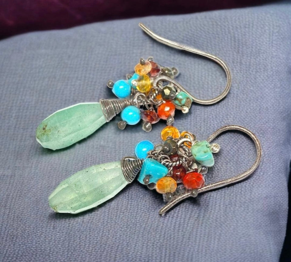Green Aventurine Cluster Earrings with Fire Opal, Turquoise & Garnet