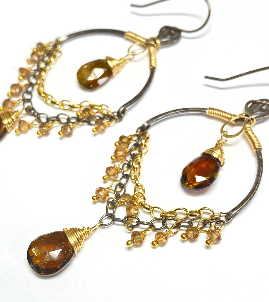 Dravite Tourmaline and Oxidized Silver Gold Earrings