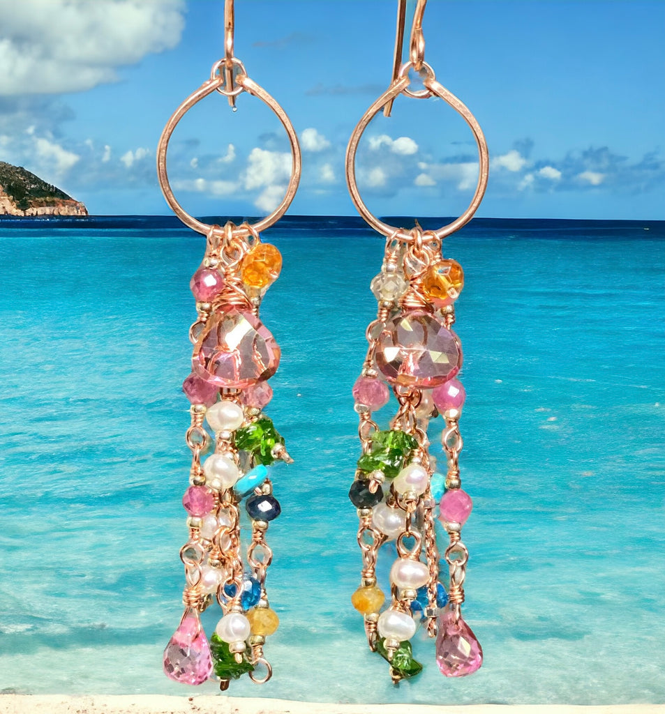 Mystic Topaz Multicolor Gemstone Long Boho Dangle Earrings Rose Gold