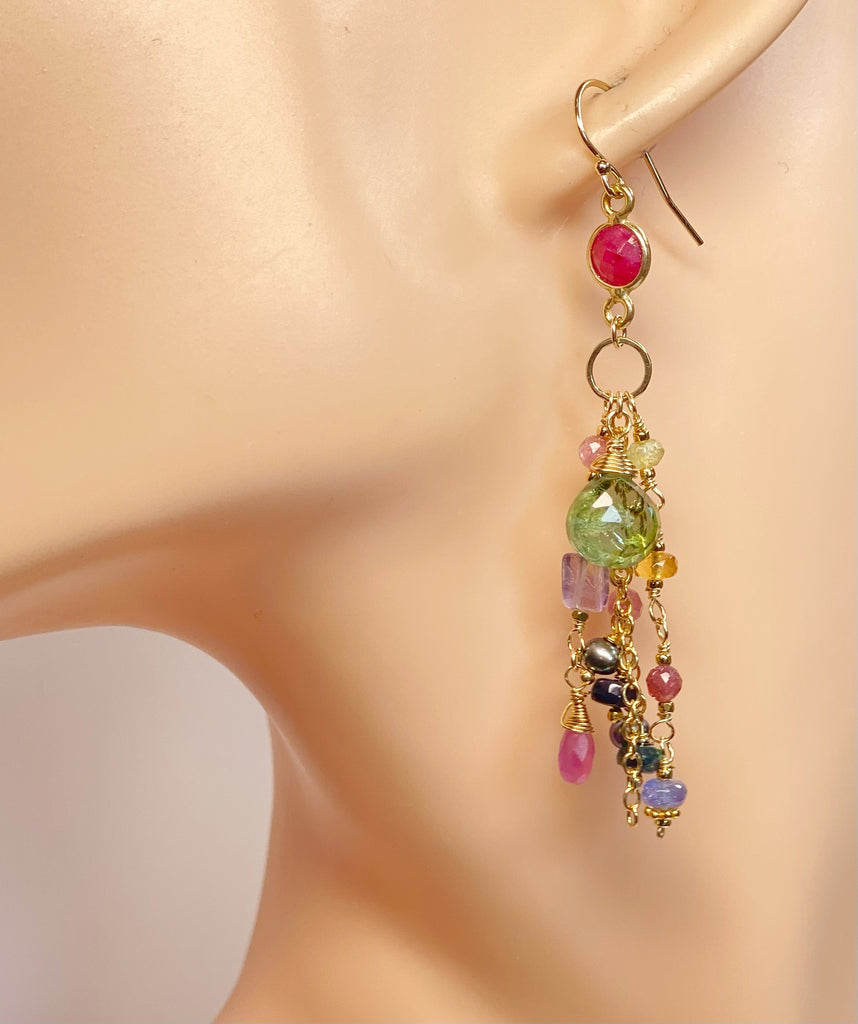 Green Tourmaline Colorful Gemstone Dangle Earrings in  Gold Fill