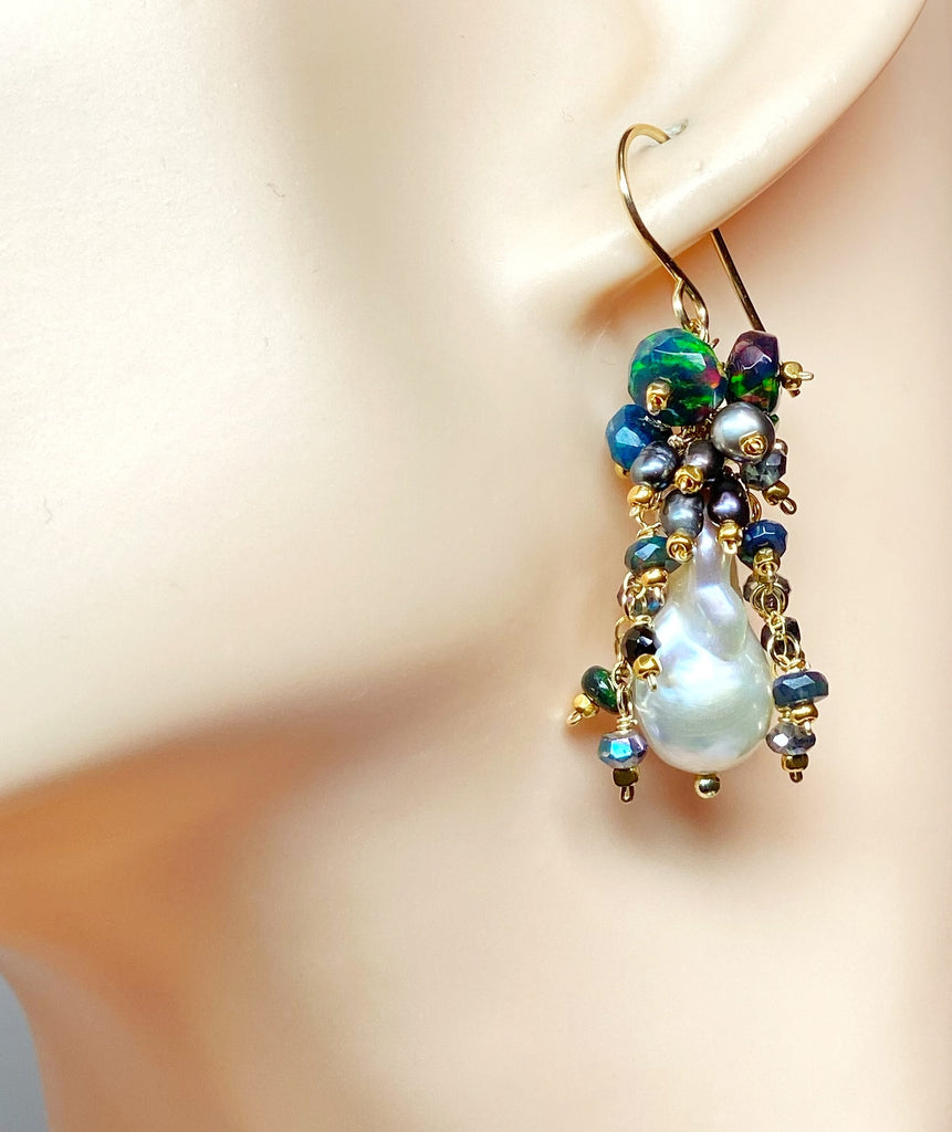 Baroque Pearl Earrings with Fiery Black Ethiopian Opals