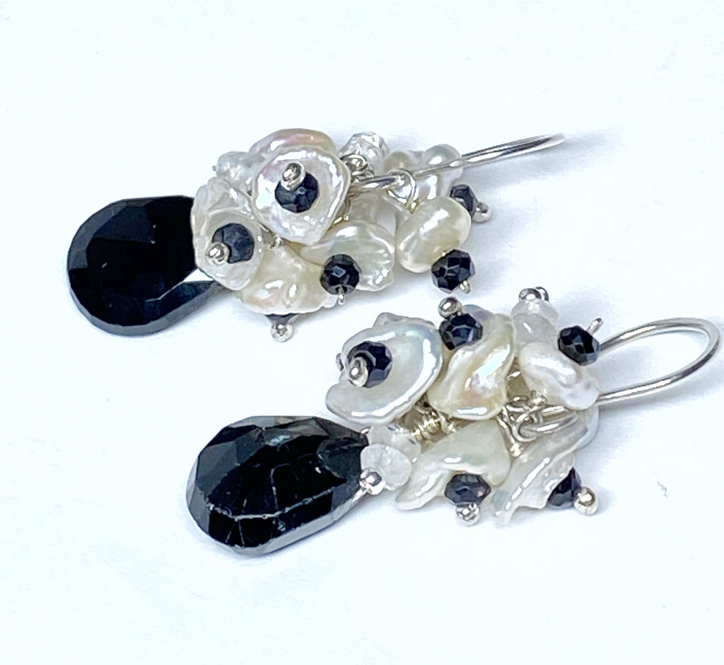 Black Spinel White Keishi Pearl Cluster Earrings