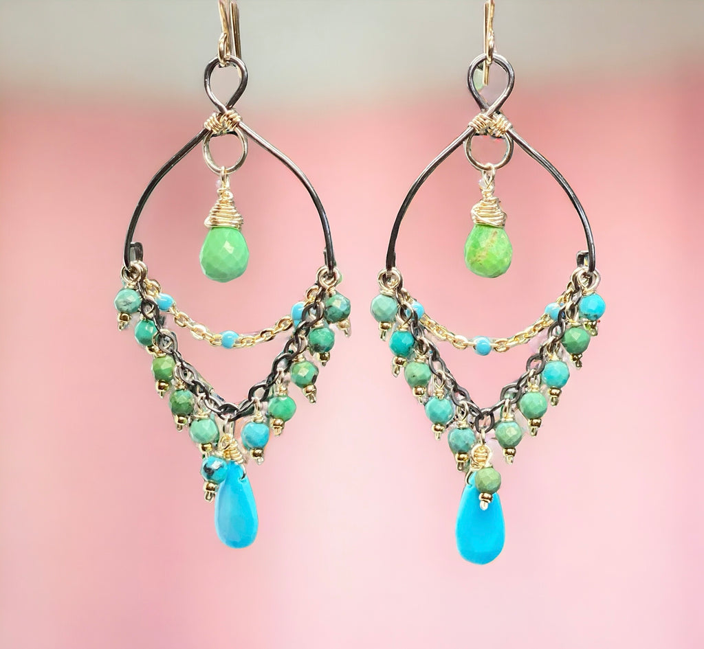 Turquoise Gemstone Mixed Metal Chandelier Earrings