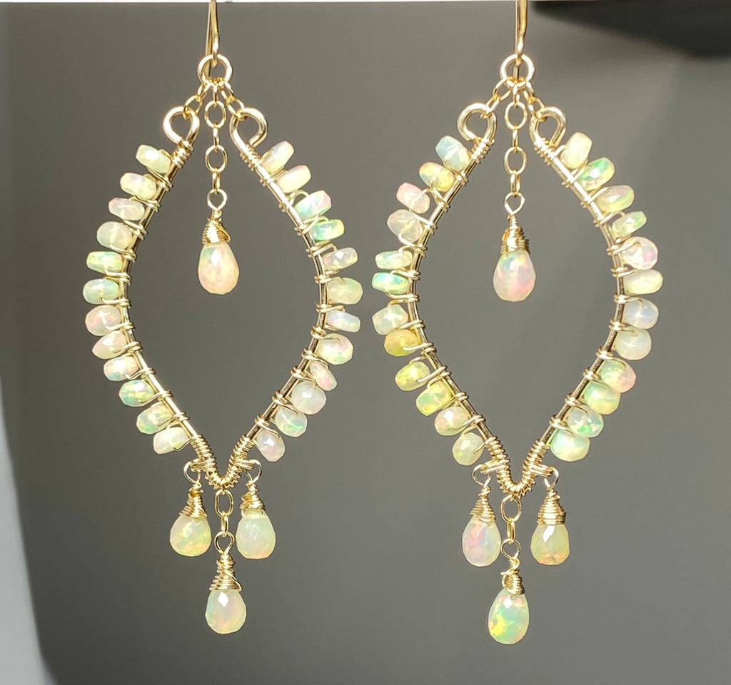 Ethiopian Opal  Hoop Chandelier Earrings, Gold Fill