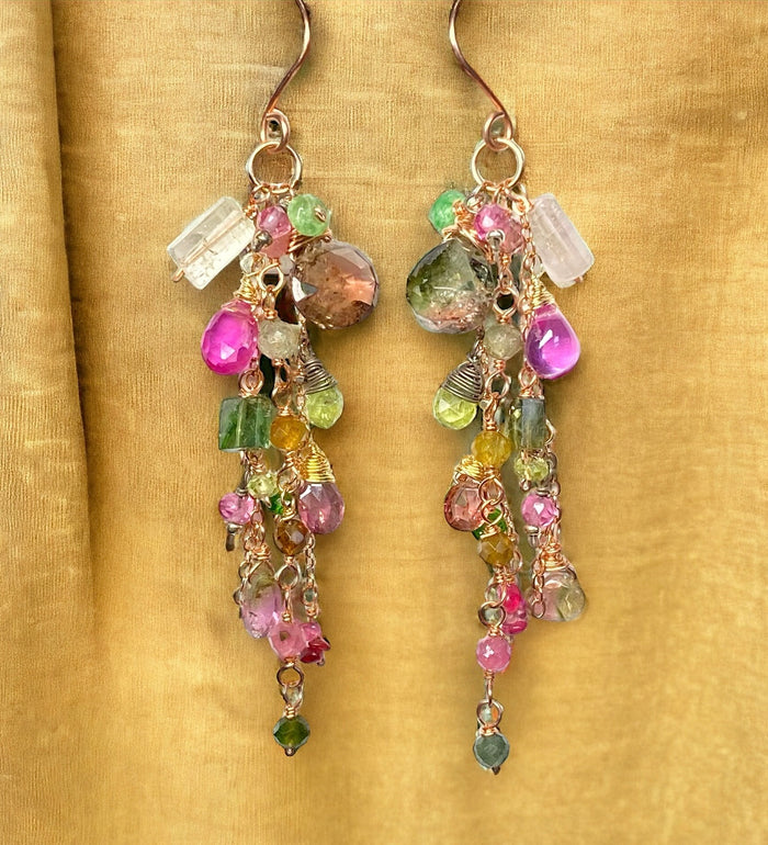 Tourmaline Rose Gold Multicolor Gemstone Long Boho Dangle Earrings - Doolittle