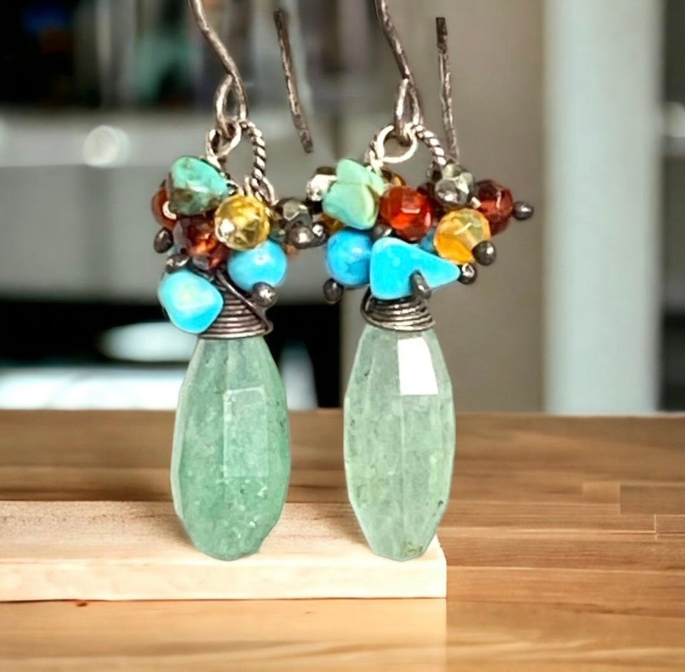 Green Aventurine Cluster Earrings with Fire Opal, Turquoise & Garnet