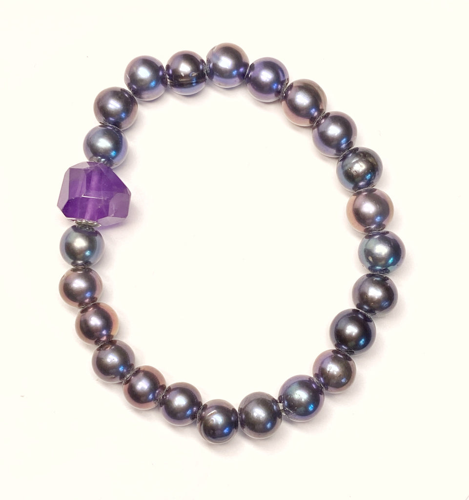 Amethyst Nugget Peacock Pearl Stretch Bracelet