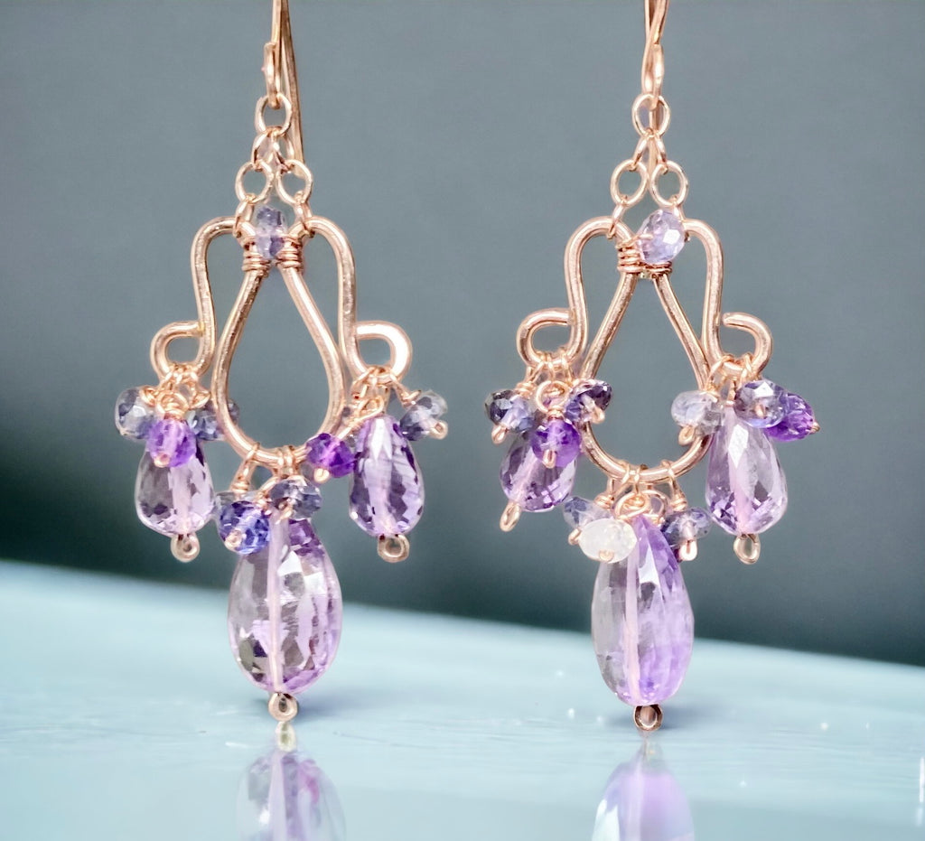 Lavender Pink Amethyst Gemstone Chandelier Earrings Rose Gold Fill