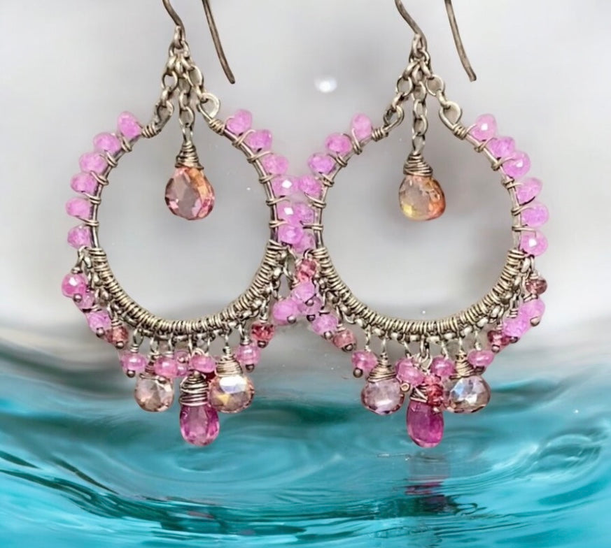 Pink Sapphire Chandelier Hoop Earrings in Oxidized Sterling Silver