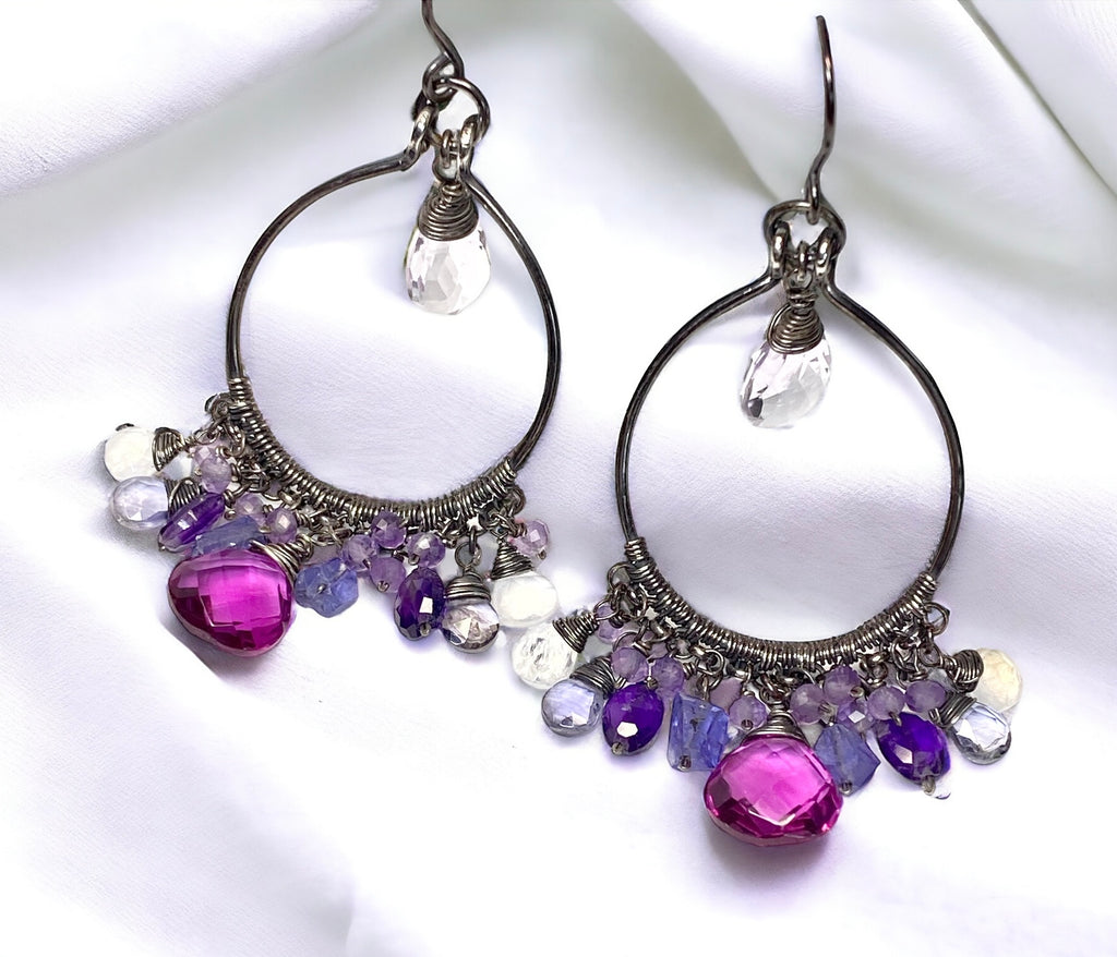 Blue Violet Statement Chandelier Hoop Earrings in Oxidized Sterling Silver
