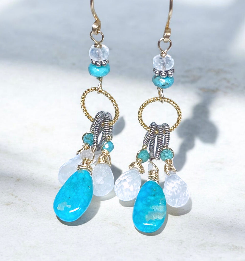 Kingman Turquoise, Rainbow Moonstone Dangle Earrings Mixed Metals, Handmade