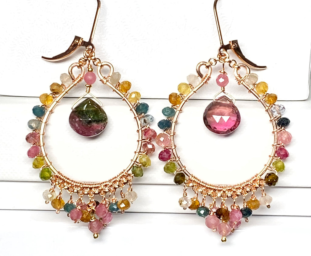 Tourmaline Rose Gold Hoop Chandelier Earrings