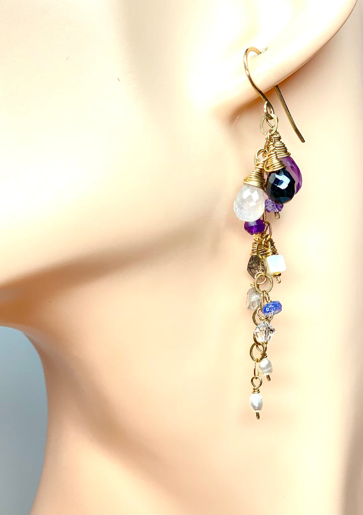 Amethyst Black Spinel Dangle Wire Wrap Moonstone Earrings 2