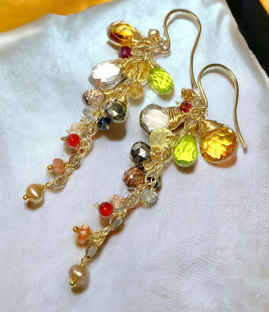 Citrine and Multi Gem Stone Dangle Earrings, Gold Chain Tassel with Peridot