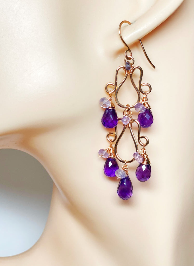 Amethyst Gemstone Chandelier Earrings Rose Gold Fill