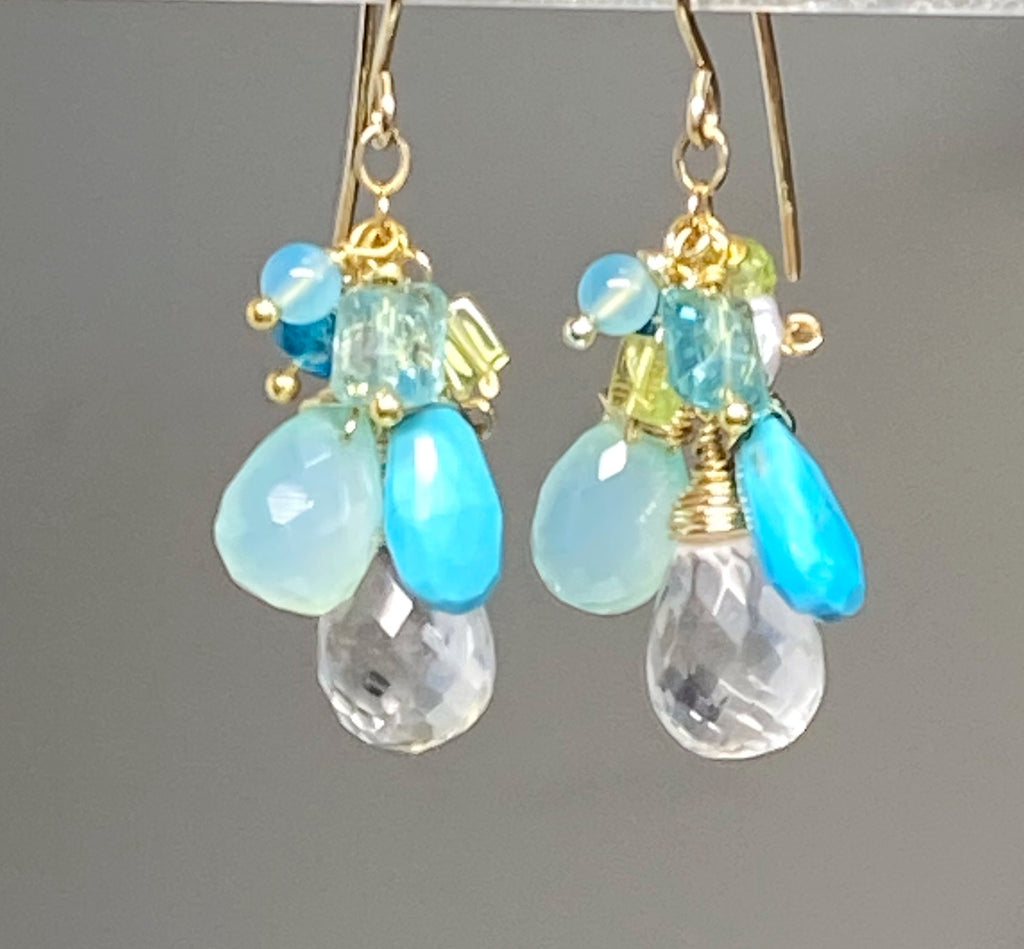 Aqua Gold Filled Dangle Earrings Crystal Quartz & Turquoise