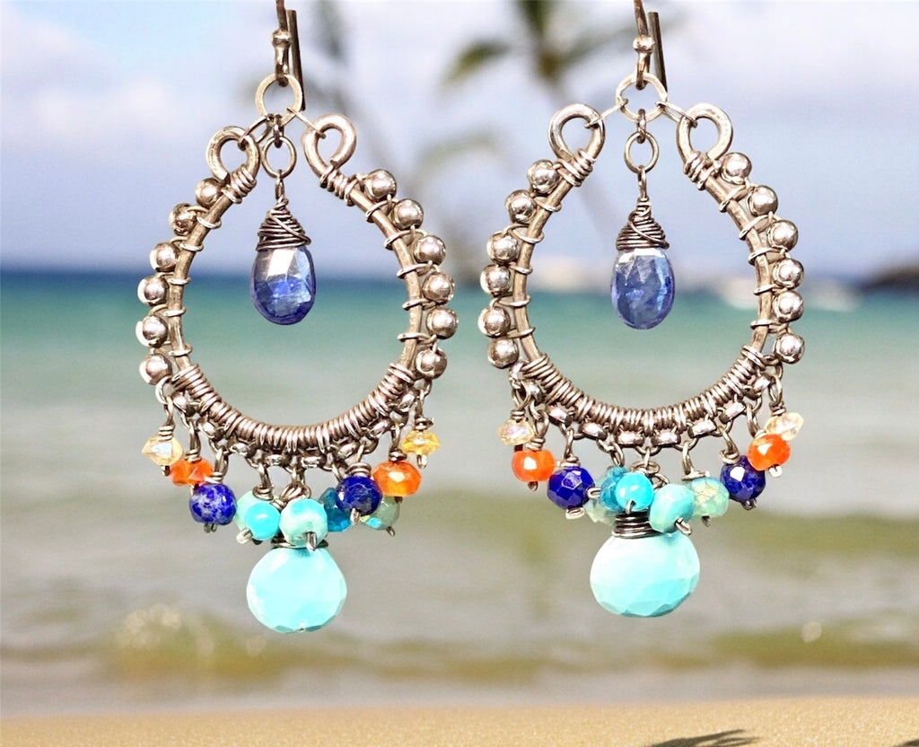 Sleeping Beauty Turquoise Chandelier Earrings, Multi Gemstone, Oxidized Sterling Silver, Handmade