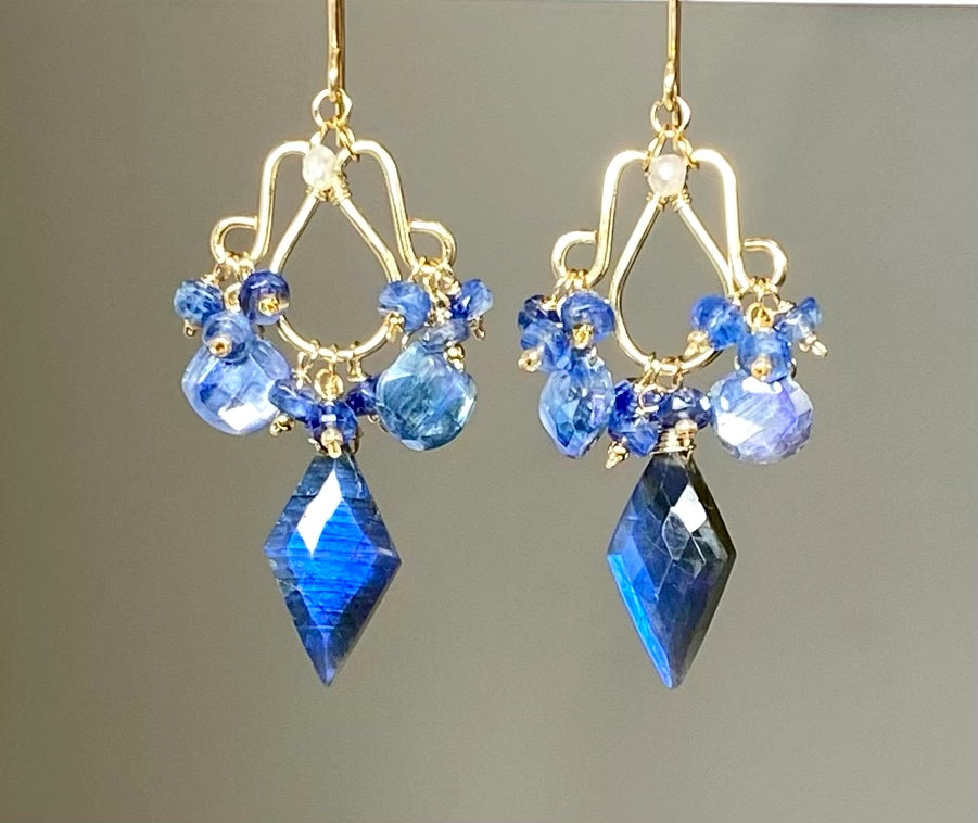 Blue Labradorite, Kyanite Handmade Chandelier Earrings, Gold Fill