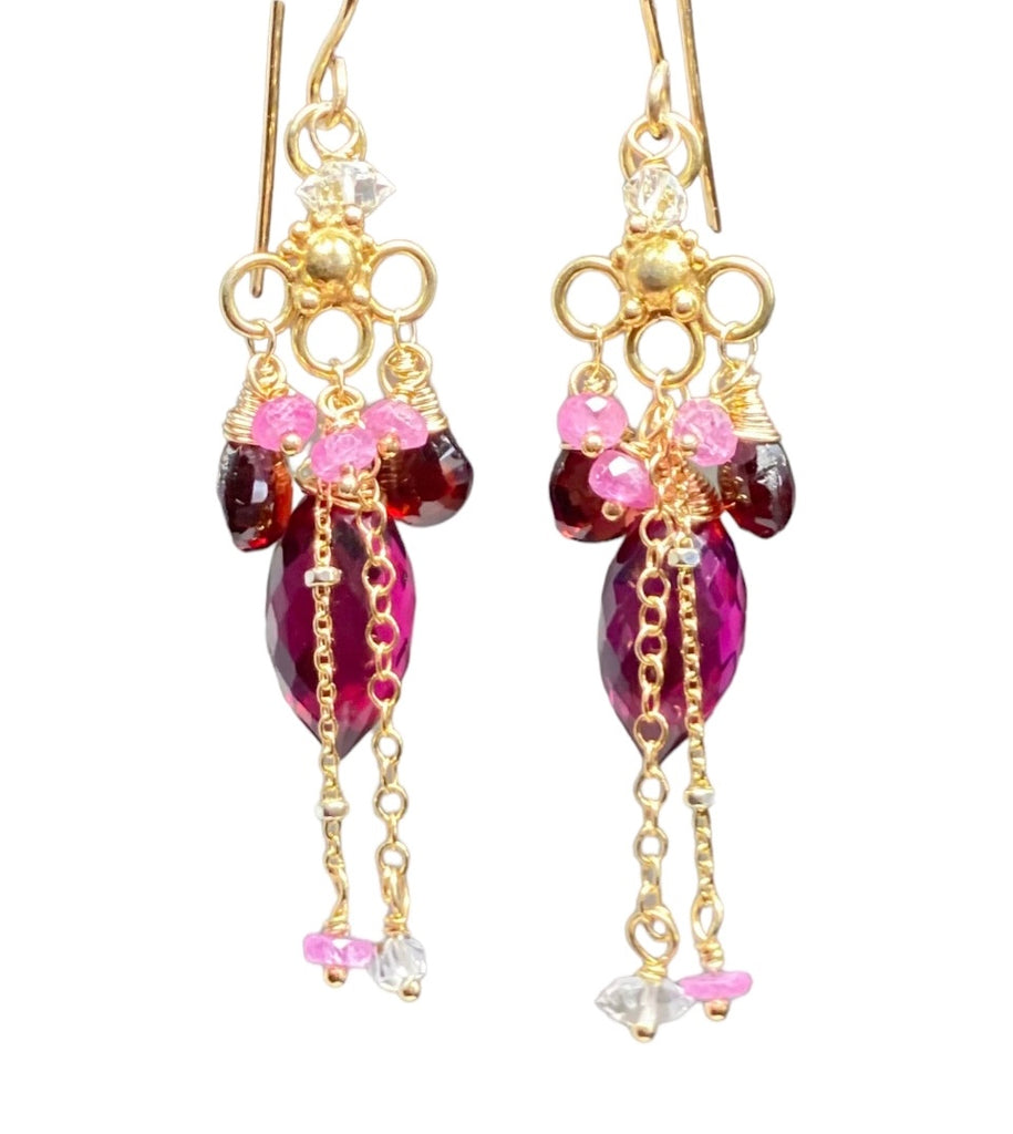 Magenta Hot Pink Red Chandelier Earrings Gold with Pink Sapphire