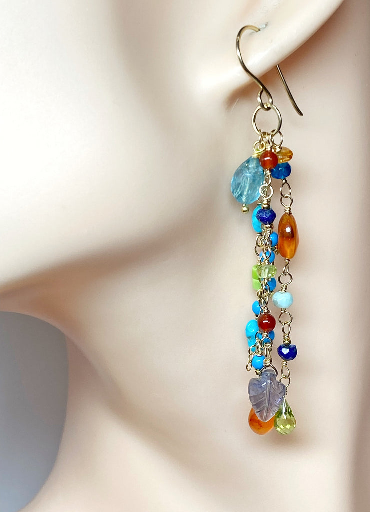 Multi Gemstone Dangle Earrings Blue, Green Turquoise, Carnelian, Peridot, Gold Filled