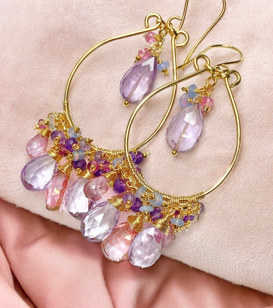 Gemstone Statement Chandelier Earrings in Pink, Lavender, Violet 2