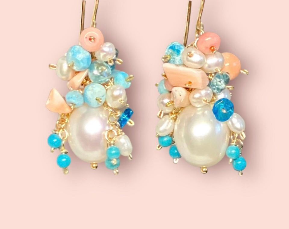 Turquoise Coral Pearl Cluster Earrings 2