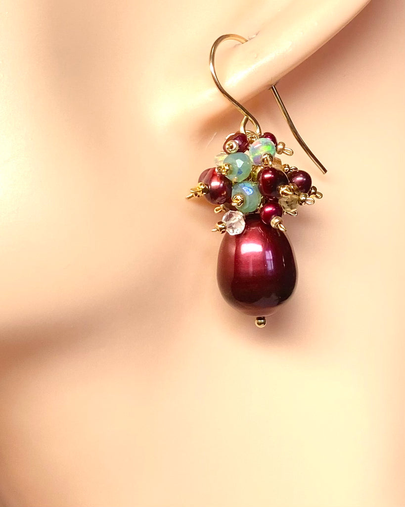 Red Pearl and Gemstone Cluster Earrings, Gold, Christmas Earrings