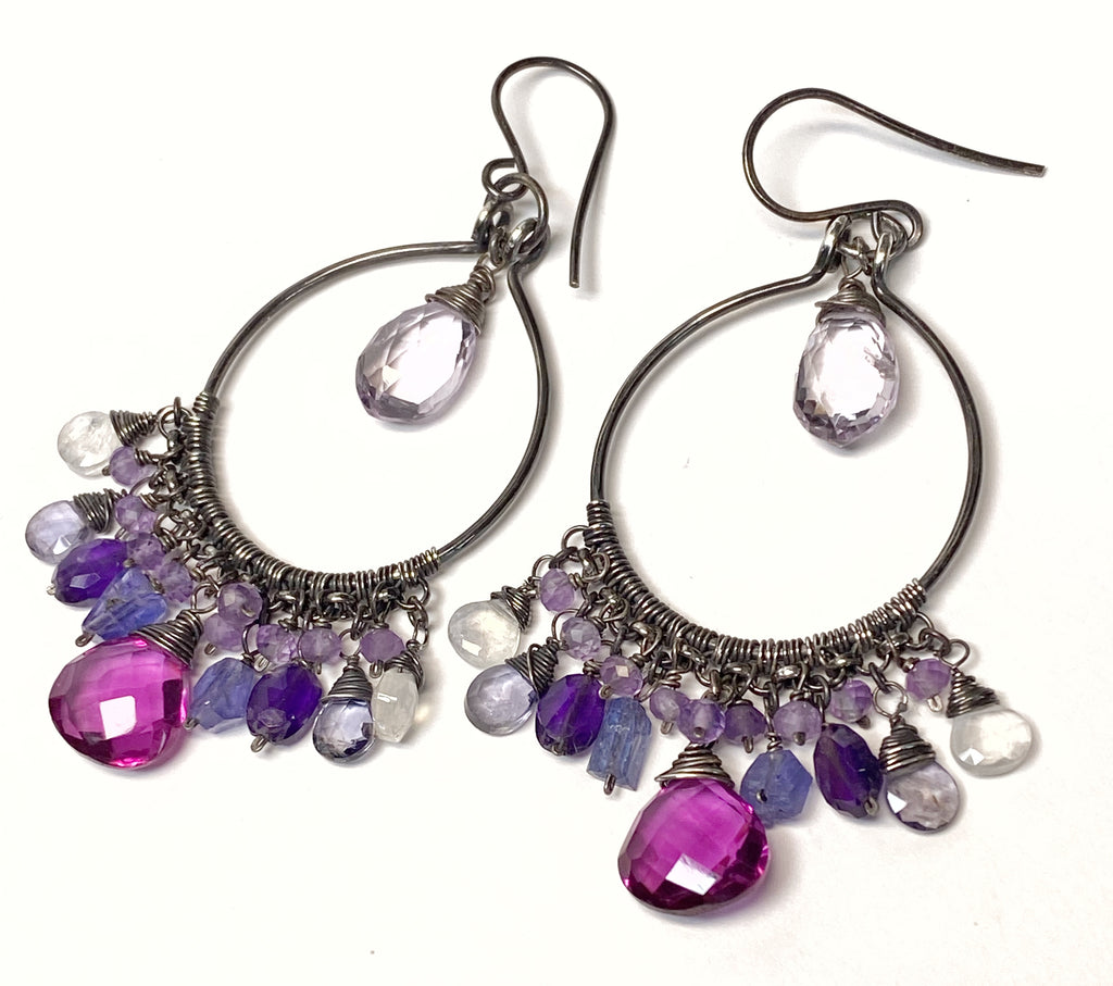 Blue Violet Statement Chandelier Hoop Earrings in Oxidized Sterling Silver