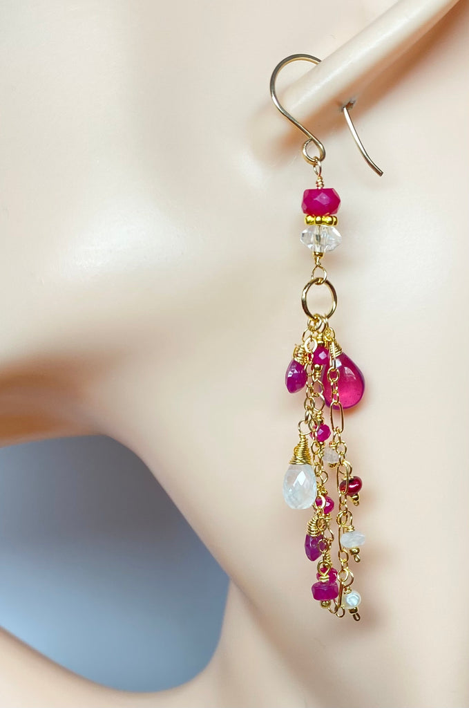 Red Ruby, Pink Sapphire Long Boho Dangle Earrings in Gold Fill with Moonstone