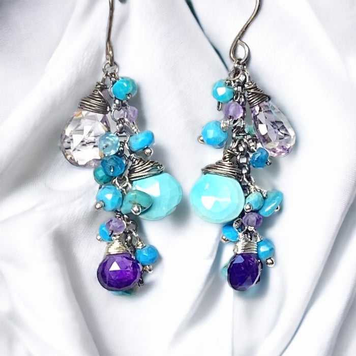 Sleeping Beauty Turquoise Dangle Earrings with Amethyst in Oxidized Sterling Silver