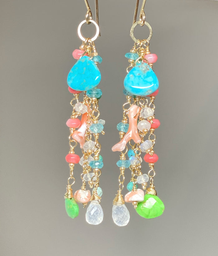 Kingman Blue and Green Turquoise, Coral, Moonstone Gemstone Dangle Earrings 2