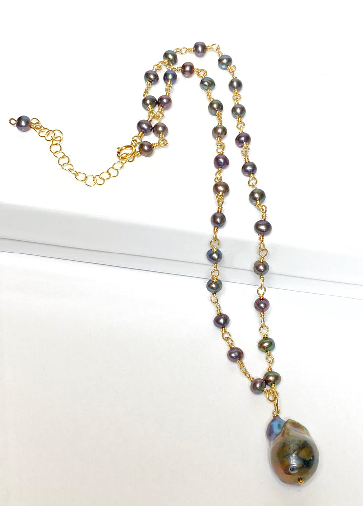 Dainty Black Baroque Peacock Pearl Pendant Necklace 14 kt Gold Fill