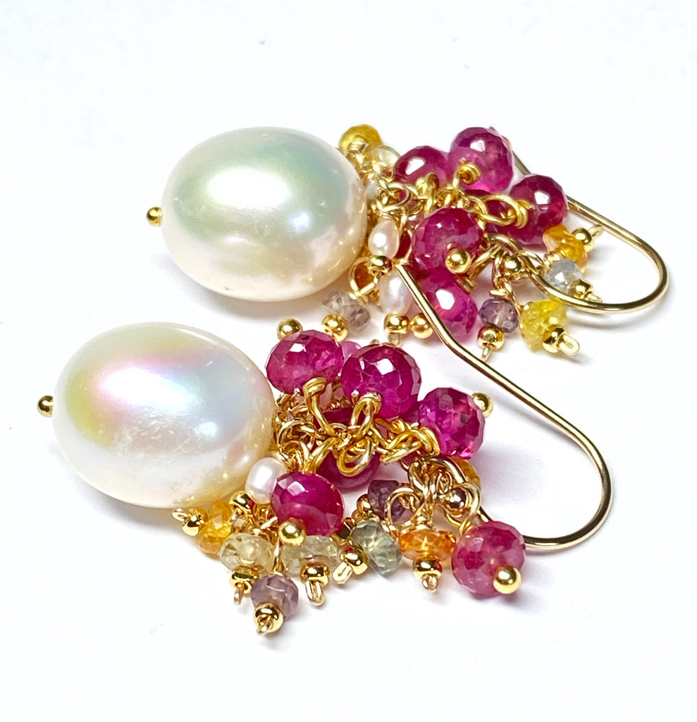 Pearl and Pink Sapphire Cluster Earrings Gold 2