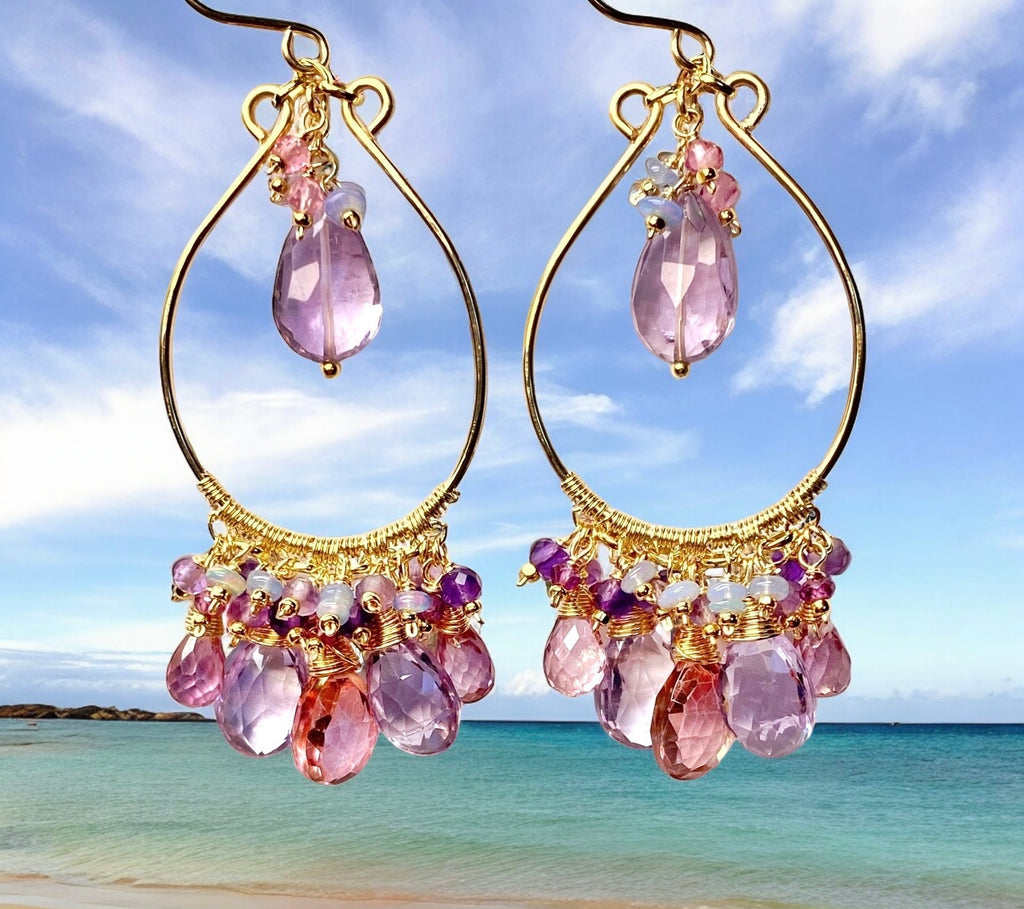 Gemstone Statement Chandelier Earrings in Pink, Lavender, Violet 2