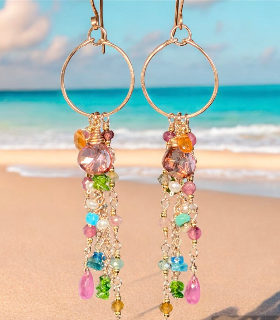 Mystic Pink Topaz Multicolor Gemstone Long Boho Dangle Earrings Rose Gold