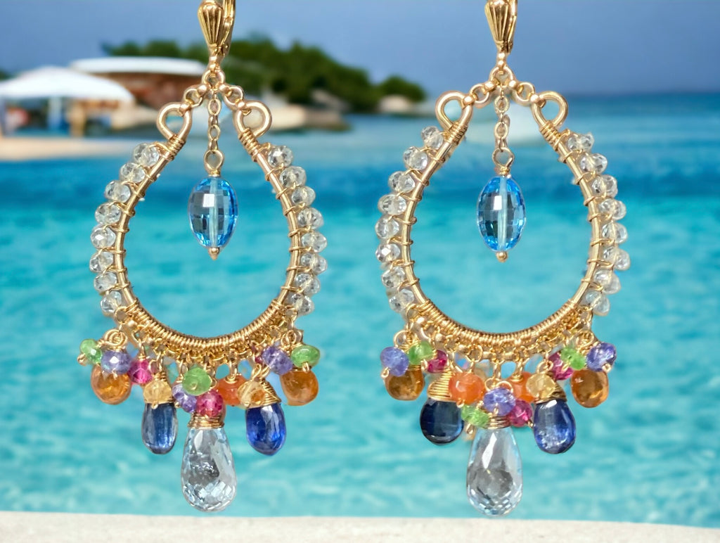 Blue Topaz Multicolor Gemstone Hoop Earrings in Gold Fill