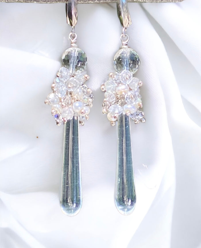 Pearl Cluster Long Crystal Quartz Drop Wedding Earrings - Doolittle