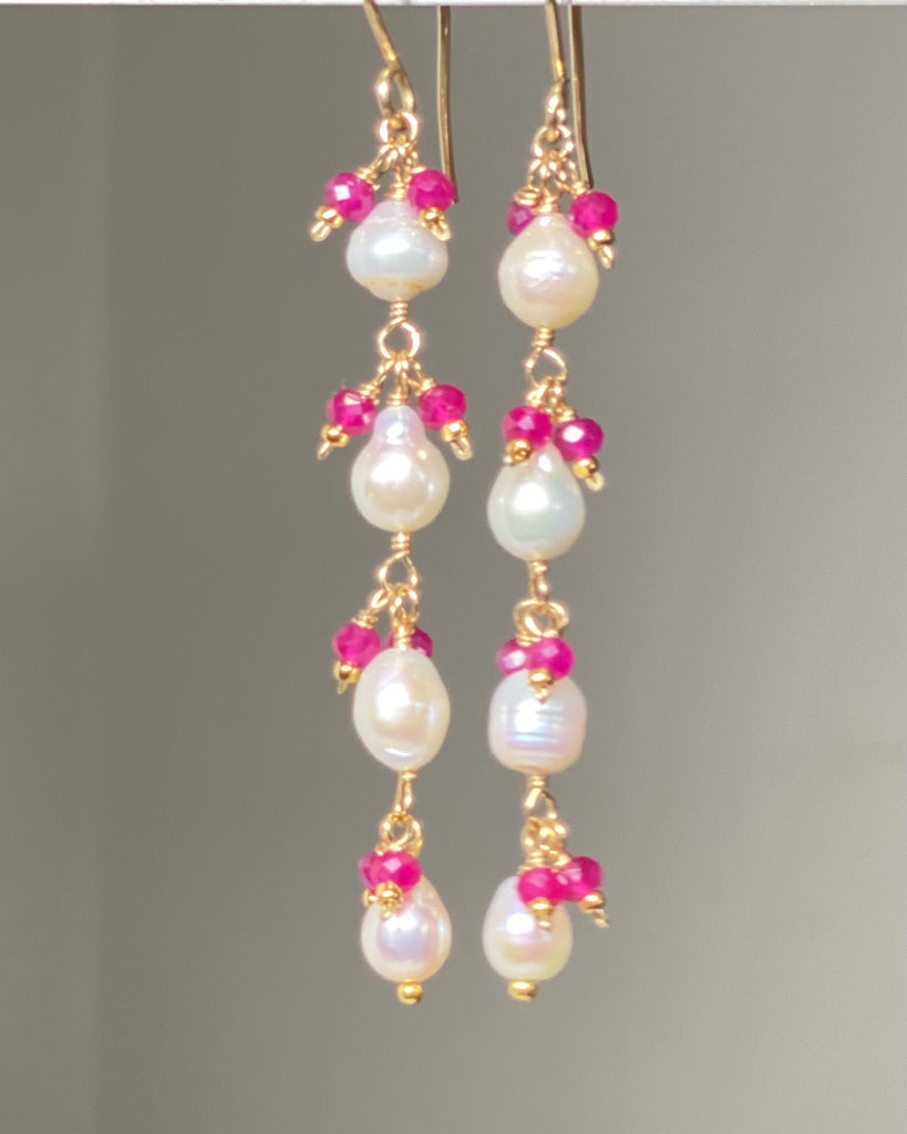 Ruby and Pearl Long Dainty Earrings Gold Fill