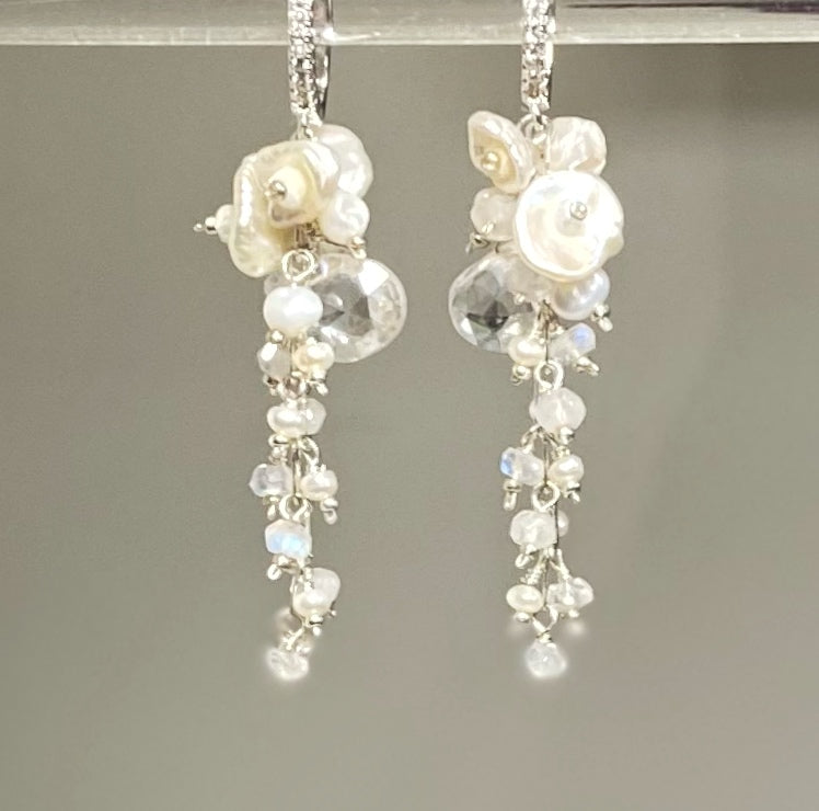 Sterling Silver Crystal Quartz Bridal Dangle Earrings with Keishi Pearls